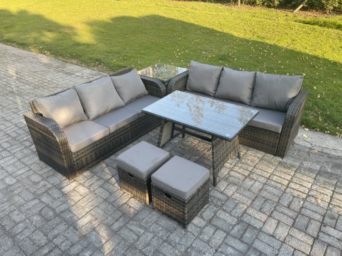 Fimous Garden Furniture Sofa Set Rectangular Dining Table 2 Small Footstool Side Table Indoor Outdoor 8 Seater Rattan Set Dark Grey Mixed