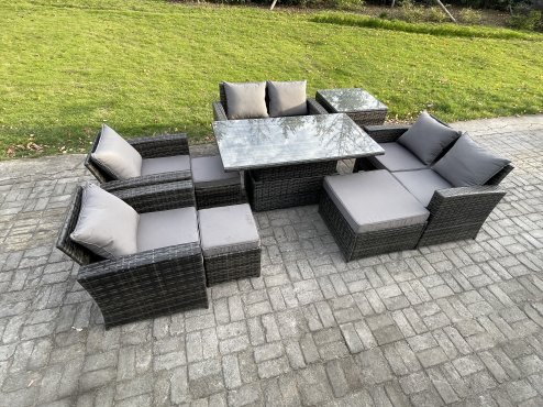 Fimous Outdoor Garden Furniture Sets 9 Pieces Wicker Rattan Furniture Sofa Dining Table Set with 3 Footstools Side Table Dark Grey Mixed