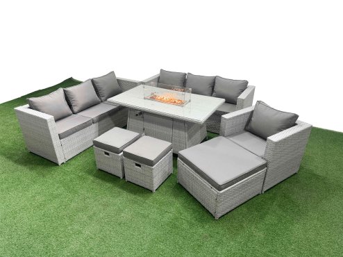 Fimous 10 Seat PE Rattan Lounge Sofa Set Outdoor Garden Furniture Set with Firepit Dining Table 3 Seater Sofa 3 Stools Light Grey