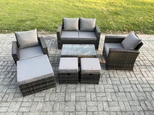 Fimous 7 Seater Outdoor Lounge Sofa Set Wicker PE Rattan Garden Furniture Set with Rectangular Coffee Table Double Seat Sofa 3 Footstools Dark Grey Mixed