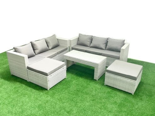 Fimous 8 Seater Garden Outdoor Rattan Furniture Set Rattan Garden Sofa Oblong Coffee Table with 2 Big Footstools Light Grey Mixed