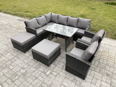 Fimous Outdoor Rattan Garden Furniture Corner Sofa Set with Oblong Dining Table 2 Big Footstool 2 Armchairs Patio Wicker Rattan Set Dark Grey Mixed