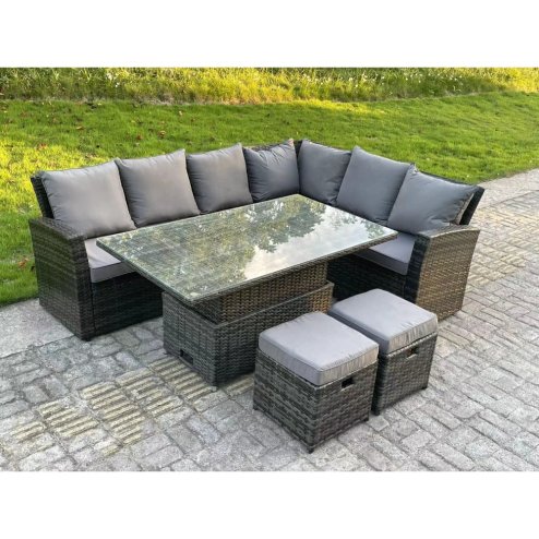Fimous High Back Rattan Garden Furniture Corner Sofa Sets Adjustable Rising Table Dark Mixed Grey 8 seater right corner