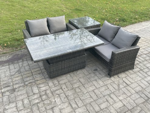 Fimous 4 Pieces Garden Furniture Sets Poly Rattan Outdoor Patio Height Adjustable Rising Lifting Table Sofa Dining Set for Garden Backyard Dark Grey Mixed