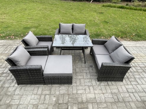 Fimous Rattan Garden Furniture Set 7 Seater Patio Outdoor Lounge Sofa Set with Rectangular Dining Table Love Seat Sofa Dark Grey Mixed