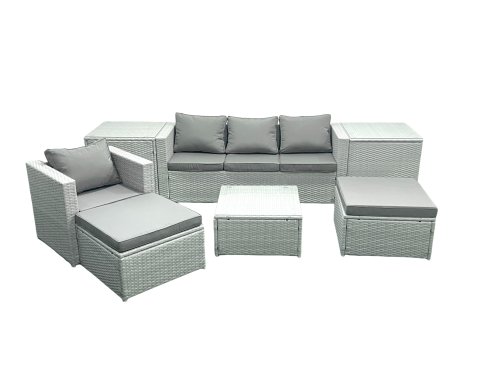 Fimous Garden Outdoor Furniture Set 6 Seater Rattan Sofa Set with 2 Big Footstools Armchair 2 Side Tables Light Grey Mixed
