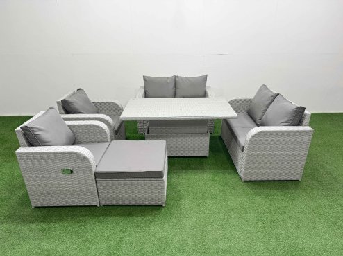 Fimous 7 Seater Outdoor Reclining Chair Love Sofa Set Rattan Garden Furniture Set with Adjustable Lifting Dining or Coffee Table Footstool Light Grey