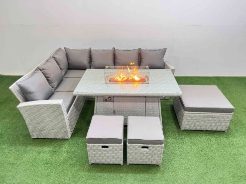 Fimous 9 Seat Rattan Garden Furniture Corner Sofa Set Outdoor Gas Fire Pit Table Sets with 3 Footstools Light Grey