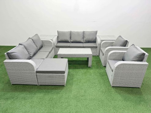 Fimous PE Rattan High Back Lounge Sofa Set Patio Oblong Coffee Table & Chairs Set with 3 Seater Sofa Reclining Chair Big Footstool 2 Side Table Light Grey