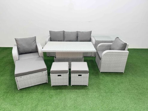 Fimous PE Rattan Garden Furniture Set Reclining Chair Sofa Lounge Sofa Set Adjustable Lifting Dining or Coffee Table Side Table 3 Stools Light Grey
