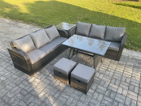 Fimous Garden Furniture Sofa Set Rectangular Dining Table 2 Small Footstool Side Table Indoor Outdoor 8 Seater Rattan Set Dark Grey Mixed