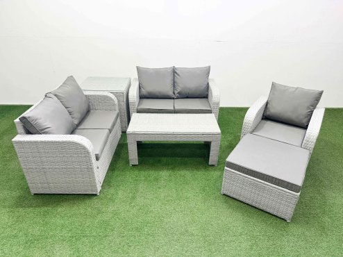Fimous High Back Poly Rattan Garden Furniture Set with Reclining Chair Loveseat Sofa Oblong Coffee Table Indoor Outdoor Patio Set Big Stool Side Table Light Grey