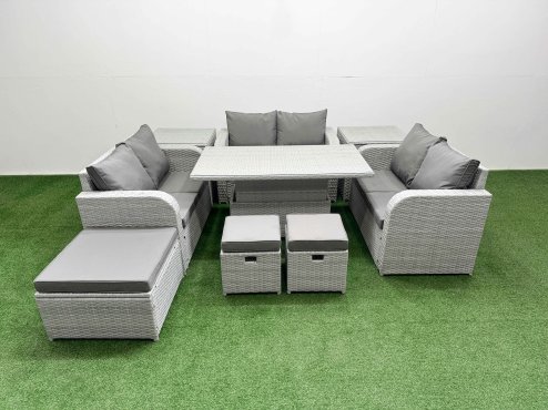 Fimous 9 Seater PE Wicker Rattan Furniture Sofa Sets with Adjustable Lifting Dining or Coffee Table 2 Seater Love Sofa 3 Stool 2 Side Table Light Grey
