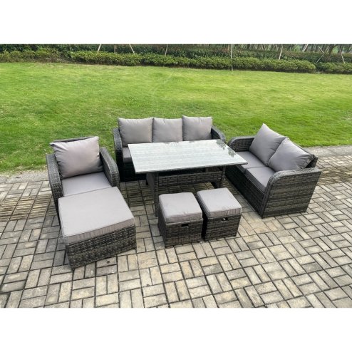 Fimous 7 Piece Rattan Garden Furniture Set with Patio Sofa Rectangular Dining Table 3 Small Footstools Indoor Conservatory Patio Set