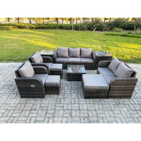 Fimous 10 Seater Garden Furniture Set Rattan Outdoor Lounge Sofa Chair With Tempered Glass Table 3 Footstools 2 Side Tables Dark Grey Mixed