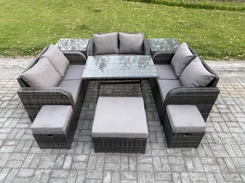Fimous Outdoor Rattan Garden Furniture Set Patio Love Sofa Set with Rectangular Dining Table 3 Footstools 2 Side Tables Dark Grey Mixed