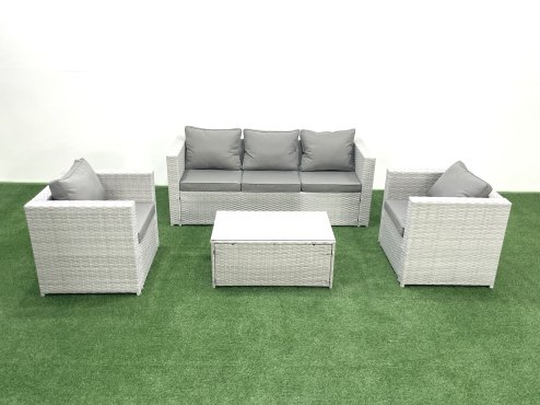 Fimous Rattan Garden Furniture Set with 3 Seater Sofa 2 Chair Rectangular Coffee Table Light Grey Mixed 5 Seater