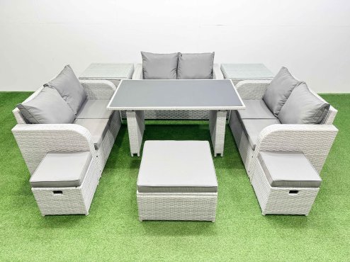 Fimous 9 Seater Patio Garden Furniture Sets with Black Glass Top Dining Table Love Sofa 2 Side Tables 3 Stool Light Grey