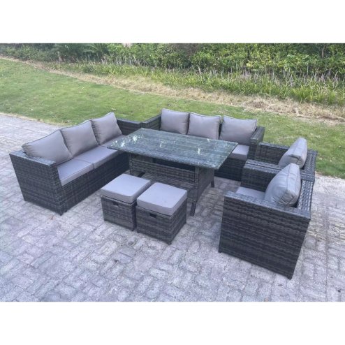 Fimous Outdoor Lounge Sofa Garden Furniture Set Patio Rattan Rectangular Dining Table with 2 Armchair 2 Small Footstools 10 Seater Dark Grey Mixed