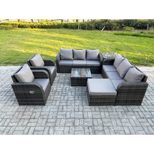 Fimous High Back Rattan Garden Furniture Set with Square Coffee Table Big Footstool Side Table Indoor Outdoor Patio Lounge Sofa Set Dark Grey Mixed