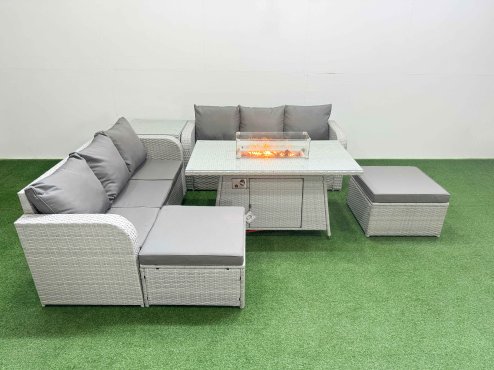 Fimous Outdoor Garden Furniture Sets 8 Seater Wicker Rattan Furniture Sofa Sets with Firepit Dining Table high Back Lounge Sofa 2 Big Footstool Side Table Light Grey