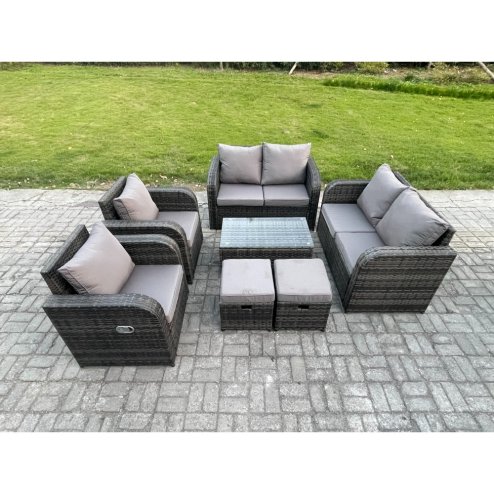 Fimous 8 Seater Rattan Garden Furniture Set Patio Outdoor Lounge Sofa Set with Rectangular Coffee Table 2 Small Footstools Love Sofa Dark Grey Mixed