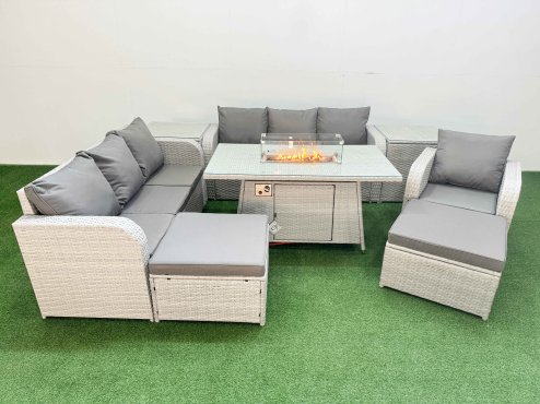 Fimous 9 Seater Poly Rattan Outdoor Garden Furniture Firepit Dining Table Sofa Set Patio 3 Seater Sofa Reclining Chair 3 Seater Sofa 2 Big Footstools 2 Side Table Light Grey
