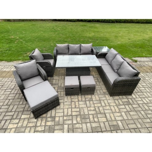 Fimous Wicker PE Rattan Outdoor Garden Furniture Sets Height Adjustable Rising lifting DiningTable Sofa Set with Reclining Chair Side Table 3 Footstools Dark Grey Mixed