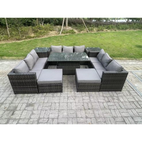Fimous Wicker PE Rattan Garden Furniture Sofa Set Outdoor Adjustable Rising Lifting Dining Table Set with 2 Side Tables 2 Footstools 11 Seater Dark Grey Mixed