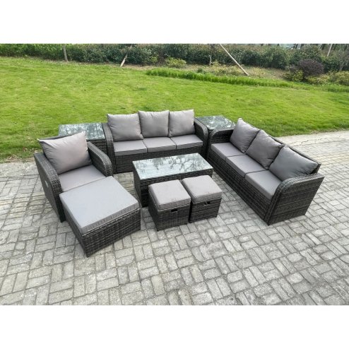 Fimous Outdoor Lounge Sofa Set 10 Seater Rattan Garden Furniture Set with Rectangular Coffee Table 3 Footstools 3 Seater Sofa 2 Side Tables Dark Grey Mixed