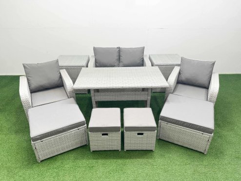 Fimous PE Rattan Lounge Sofa Set 8 Seater Outdoor Garden Furniture Set with Dining Table Love Sofa 2 Big Footstools Light Grey