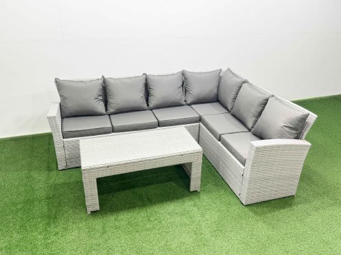 Fimous 6 Seater Garden Outdoor Rattan Furniture Set Rattan Corner Sofa Oblong Coffee Table Set Light Grey Mixed