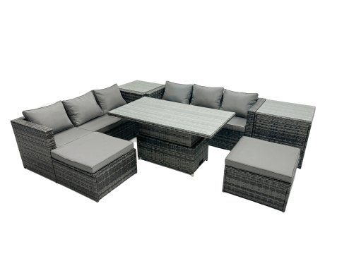 Fimous Rattan Dining Table Sofa Set with 2 Side Tables 2 Stools Outdoor 8 Seat Garden Furniture Set Dark Grey Mixed