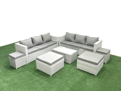 Fimous 7 Pieces Rattan Garden Furniture Set Outdoor Garden Sofa Coffee Table Set with 4 Footstools Light Grey Mixed