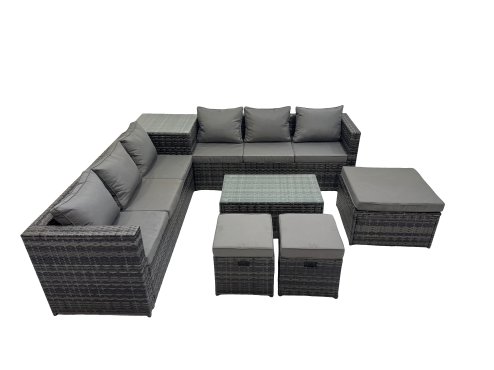 Fimous 9 Seater Garden Outdoor Rattan Furniture Set Patio Corner Sofa Rectangular Coffee Table with Side Table 3 Stool Dark Grey