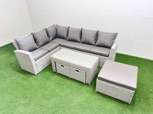 Fimous Rattan Garden Furniture Set Outdoor 9 Seater Corner Sofa Sets with Oblong Coffee Table 3 Footstools Light Grey Mixed