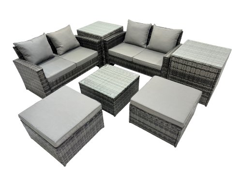 Fimous PE Rattan Garden Furniture Set Lounge Double Seat Sofa Coffee Table Set with 2 Side Tables 2 Big Stools Dark Grey Mixed