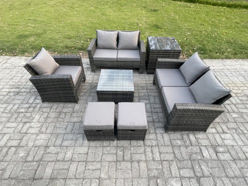 Fimous Outdoor Rattan Garden Furniture Set Conservatory Patio Sofa Coffee Table Set with Chair Side Table 2 Small Footstools Dark Grey Mixed