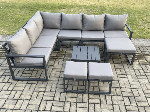 Fimous 9 Seater Outdoor Lounge Corner Sofa Set Aluminum Garden Furniture Sets with Square Coffee Table 3 Footstools Dark Grey