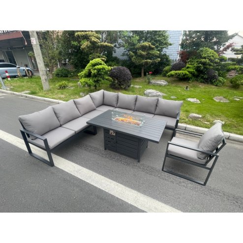 Fimous Aluminum Outdoor Garden Furniture Corner Sofa Chair Gas Fire Pit Dining Table Sets Gas Heater Burner Dark Grey 8 Seater