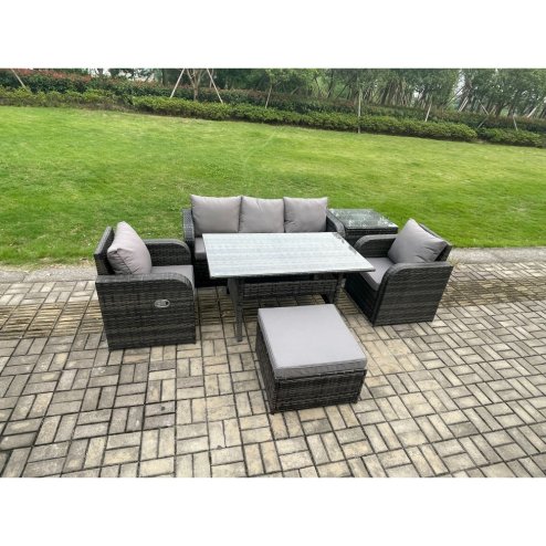 Fimous Wicker PE Rattan Garden Furniture Set Outdoor Rectangular Dining Table and Chair Sofa Set With Side Table Big Footstool Dark Grey Mixed