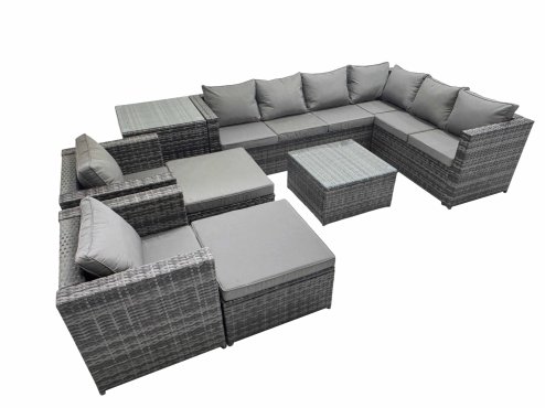 Fimous Outdoor PE Rattan Garden Furniture Sofa Set with Square Coffee Table 2 Big Stools Side Table Dark Grey