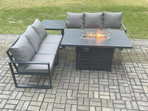 Fimous Aluminium 6 Seater Outdoor Garden Furniture Lounge Sofa Set Gas Fire Pit Dining Table with Side Table Dark Grey