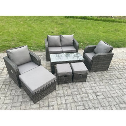 Fimous 7 Seater Rattan Lounge Sofa Set Outdoor Garden Furniture Set with Rectangular Coffee Table Love Sofa 3 Footstools Dark Grey Mixed