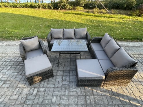 Fimous Rattan Garden Furniture Dining Set 9 seater Patio Rectangular Table 2 Big Footstool Dark Grey Mixed