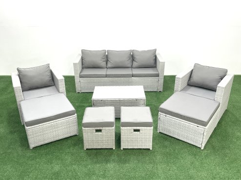 Fimous 8 Pieces Rattan Garden Furniture Set Outdoor Garden Sofa Chair Coffee Table Set with 4 Footstools Light Grey Mixed