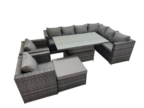 Fimous 9 Seater Rattan Height Adjustable Rising Lifting Table Corner Sofa Sets with 2 Chairs Big Stool Dark Grey Mixed