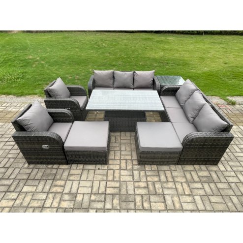 Fimous Rattan Outdoor Garden Furniture Sets Height Adjustable Rising lifting Dining Table Reclining Chair Sofa Set with Side Tables 2 Big Footstools Dark Grey Mixed