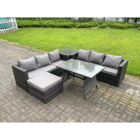Fimous 7 Seater Rattan Garden Dining Set Outdoor Furniture Sofa with Dining Table Big Footstool Side Table Dark Grey Mixed