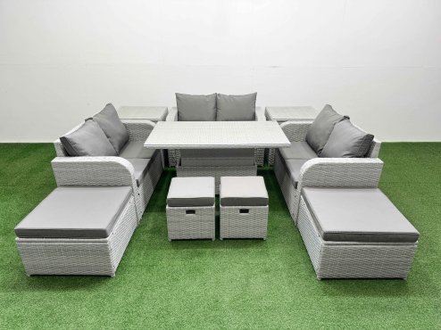 Fimous 10 PCs Rising Dining Table Set Inclining Love Sofa Seat 2 Big Footstool 2 Small Stool 2 Side Table Light Grey